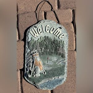 Golf “Welcome” plaque for hanging outdoors. Preowned sturdy resin by TCR